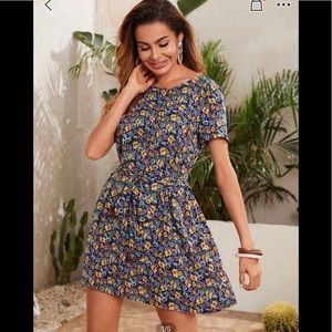 Allover Floral Print Keyhole Back Belted Dress